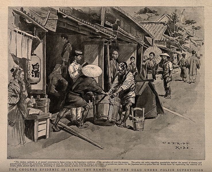 Disposal of the dead, under police supervision during a cholera epidemic in Japan. (Unknown) Wellcome Collection gallery | Wikimedia Commons