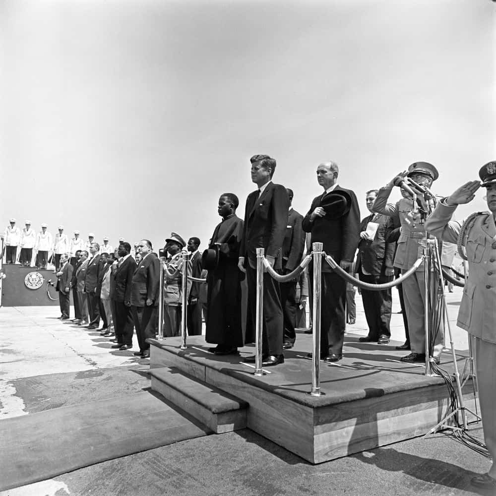JFK welcoming Fulbert Youlou, the first president of the Republic on Congo (1961) JFK Library, Wikimedia Commons
