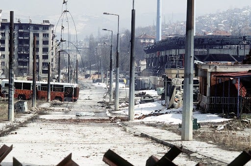 Heavily damaged buildings in the Sarajevo neighborhood of Grbavica in March 1996