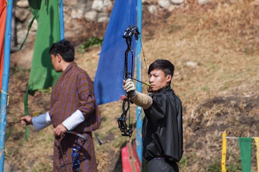 Bhutanese archer taking aim.