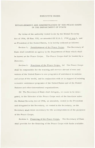 Executive Order 10924 establishing the Peace Corps in the Department of State, March 1, 1961, U.S. National Archives 