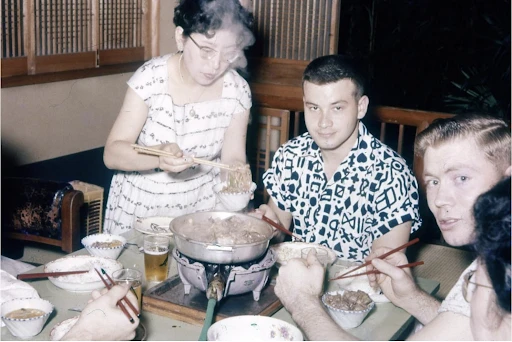 (From left) Mrs. Yoshikawa’s daughter, John Ratliff, Bill Self, and Mrs. Yoshikawa (1957). John Ratliff III. 