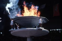 Lighting of the ceremonial torch of the XXIVth Olympiad. Ken Hackman, U.S. Air Force