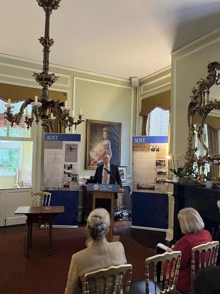 Panels of the mobile exhibit flanked the podium at ADST's 2024 Distinguished Speaker event featuring journalist and scholar Steve Coll on October 1, 2024. Photo by Alexander Khilkov.