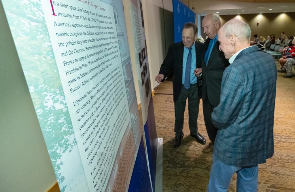 ADST's History of U.S. Diplomacy Exhibit on display at American University provided an inspiring backdrop for students studying in the atrium of the School of International Service on September 25, 2024. Photo by Ambassador Piper Campbell.