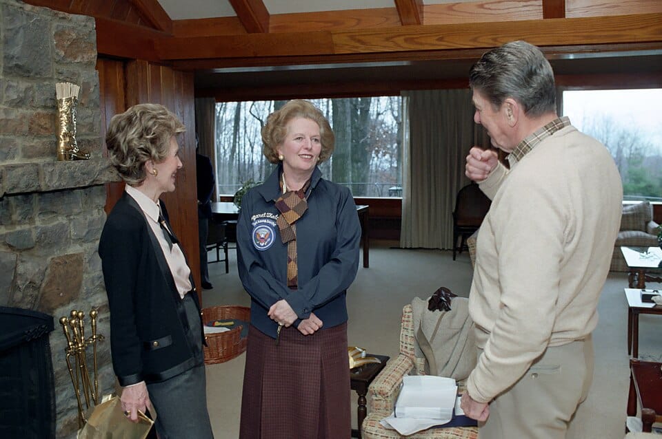 President Ronald Reagan and Nancy Reagan with Prime Minister Margaret Thatcher inside Aspen Lodge at Camp David. Executive Office of the President of the United States