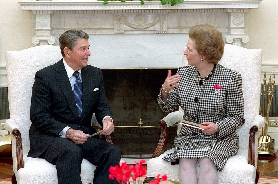 President Reagan meeting with Prime Minister Margaret Thatcher of the United Kingdom in the Oval Office. NARA