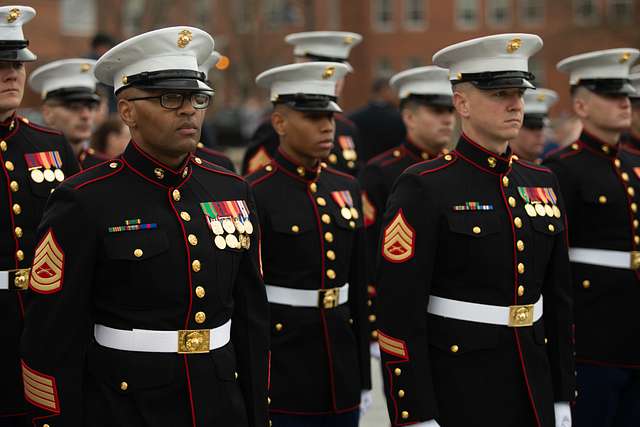 U.S. Marines with Marine Corps Embassy Security Group (MCESG) conduct a graduation ceremony for class 2-20 at Warner Hall aboard Marine Corps Base Quantico, Va., Mar. 9, 2019. The mission of MCESG is to screen, train, assign, and ensure operational readiness, administration, logistical support and discipline of Marines for duty as Marine Security Guards. (U.S. Marine Corps photo by Lance Cpl. George Nudo)
