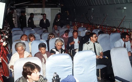After medical examinations at a U.S. base in Europe, Americans held hostage aboard the Italian cruise ship Achille Lauro depart for the U.S. aboard a military aircraft.
U.S. Department of Defense